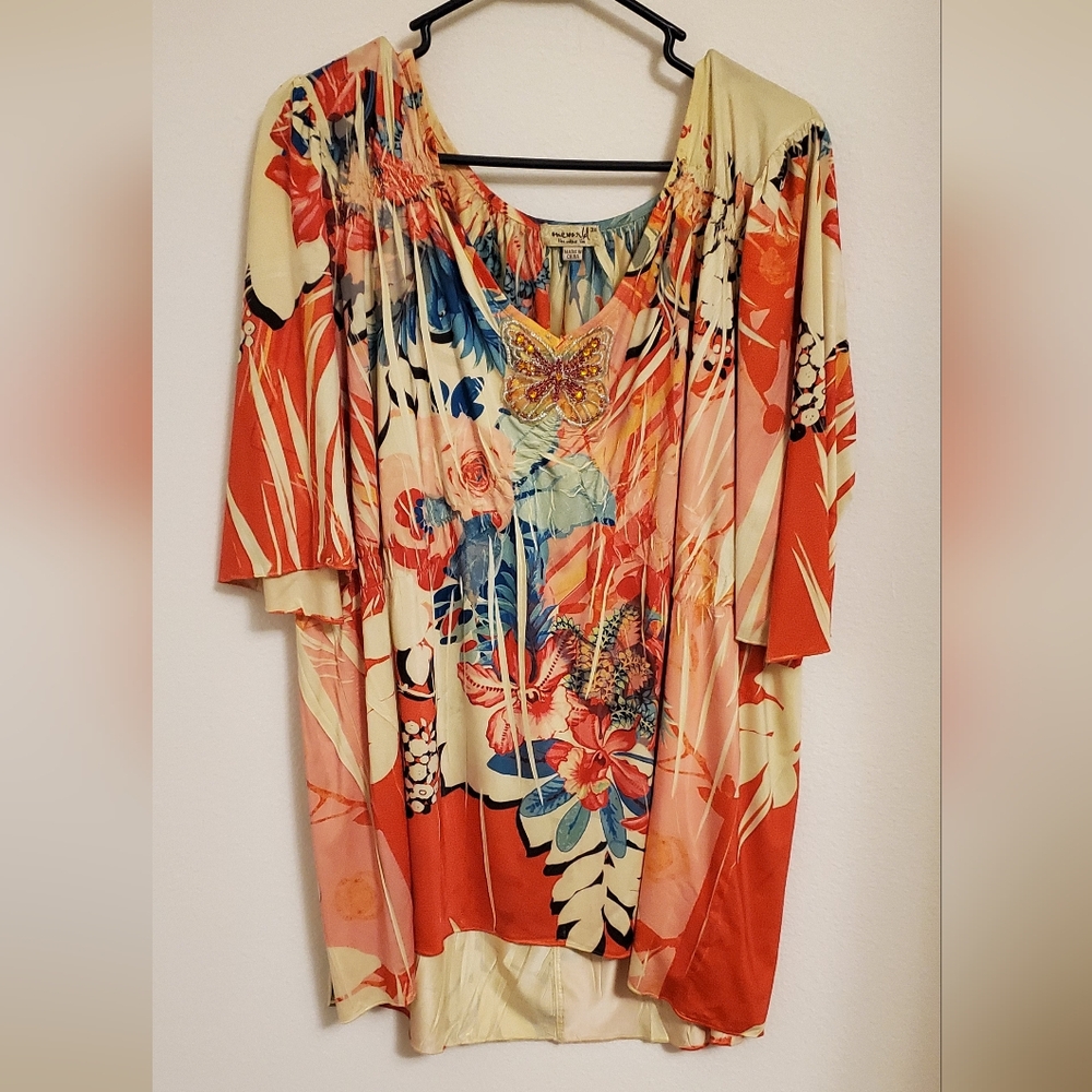 ONE WORLD Colorful Floral Blouse With Butterfly Design Boho Flowy Size 3X